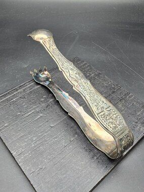 Antique Ornate Silver-Plated Victorian Sugar Ice Tongs 6" HS264